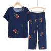 Summer women's clothing set for middle-aged and elderly people, cotton and linen short-sleeved two-piece, loose and large-sized mom's dress embroidered summer top set Specification image